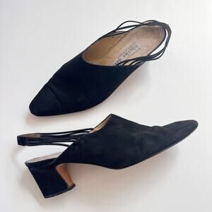 Vintage 90s Black Suede Leather Slingback Mules Heels Size‎ 10 Victorian Gothic